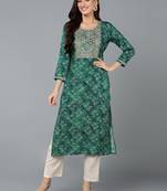 women green viscose rayon bandhani embroidered straight kurta