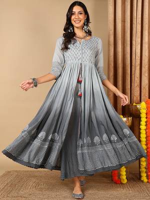 women grey cotton ethnic motifs printed anarkali kurta 1