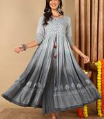 women grey cotton ethnic motifs printed anarkali kurta