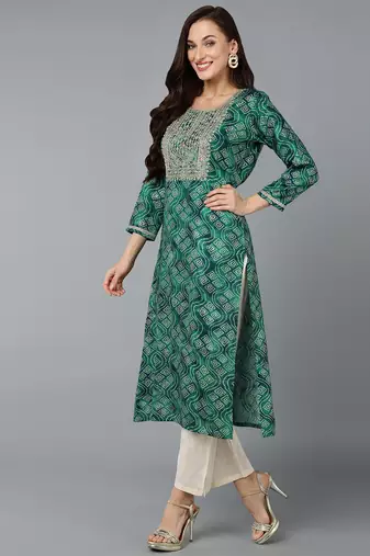 women green viscose rayon bandhani embroidered straight kurta