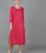 women fuchsia viscose rayon bandhani printed straight kurta