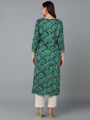 women green viscose rayon bandhani embroidered straight kurta 4