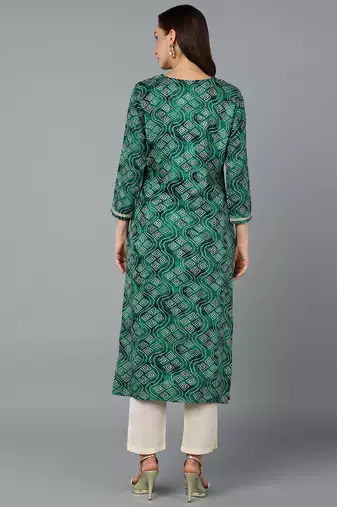 women green viscose rayon bandhani embroidered straight kurta