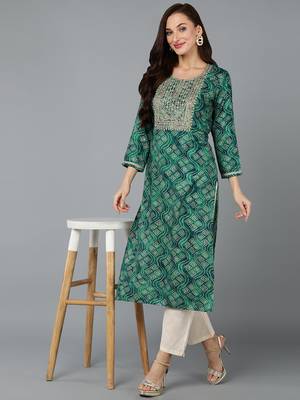 women green viscose rayon bandhani embroidered straight kurta 5