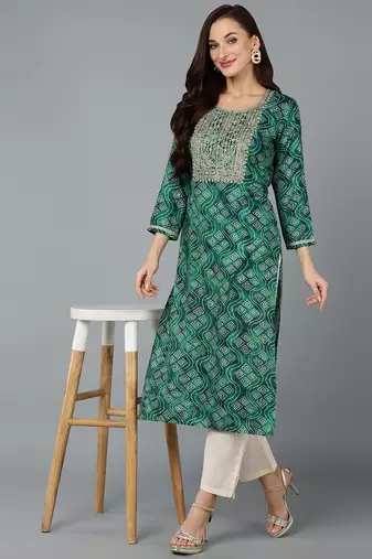 women green viscose rayon bandhani embroidered straight kurta