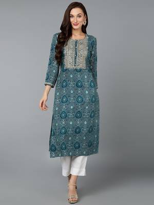 women teal viscose rayon bandhani embroidered straight kurta 1