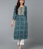 women teal viscose rayon bandhani embroidered straight kurta