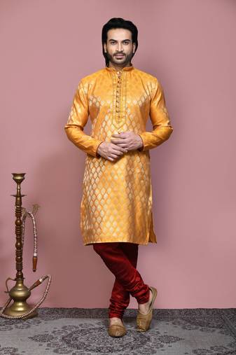 Yellow woven art silk kurta pajama
