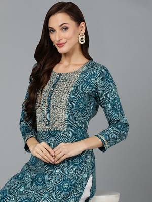 women teal viscose rayon bandhani embroidered straight kurta 2