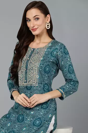 women teal viscose rayon bandhani embroidered straight kurta