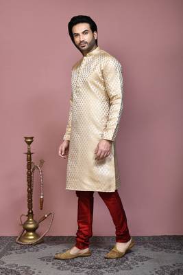 Gold woven art silk kurta pajama 2