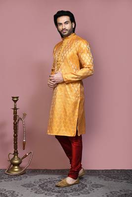 Yellow woven art silk kurta pajama 2