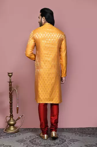 Yellow woven art silk kurta pajama