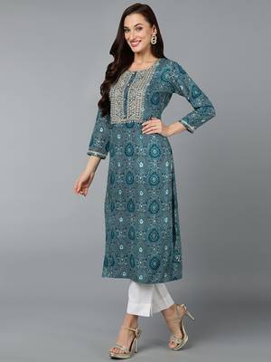 women teal viscose rayon bandhani embroidered straight kurta 3
