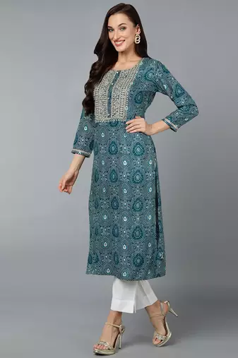 women teal viscose rayon bandhani embroidered straight kurta