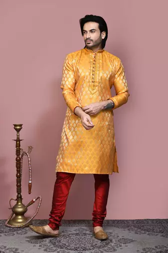 Yellow woven art silk kurta pajama
