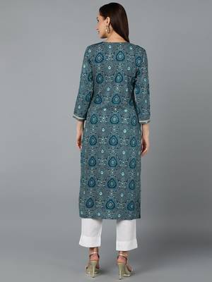 women teal viscose rayon bandhani embroidered straight kurta 4