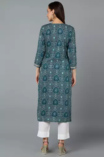 women teal viscose rayon bandhani embroidered straight kurta