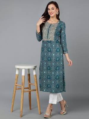 women teal viscose rayon bandhani embroidered straight kurta 5