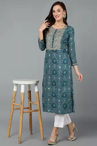 women teal viscose rayon bandhani embroidered straight kurta