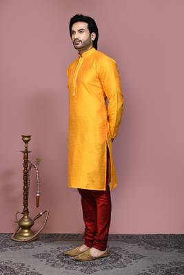 Yellow woven art silk kurta pajama 2