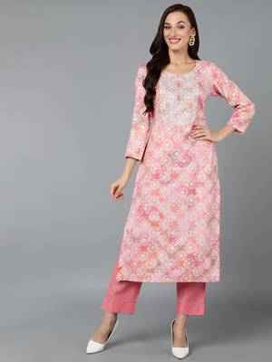 women pink viscose rayon floral embroidered straight kurta 1