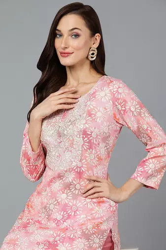 women pink viscose rayon floral embroidered straight kurta
