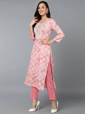 women pink viscose rayon floral embroidered straight kurta 3