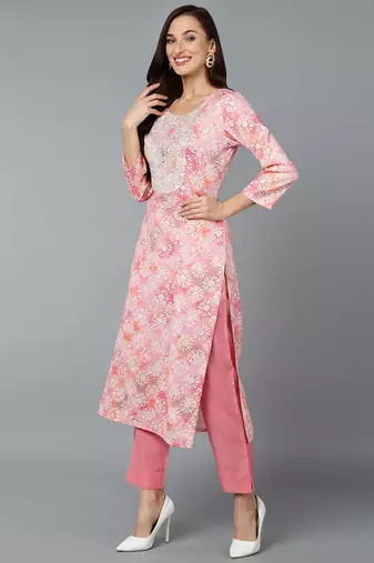 women pink viscose rayon floral embroidered straight kurta