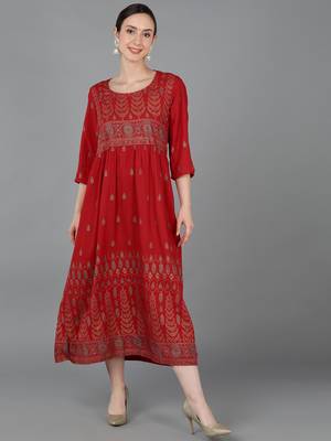 women red viscose rayon ethnic motifs printed a-line kurta 1