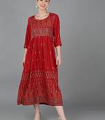 women red viscose rayon ethnic motifs printed a-line kurta