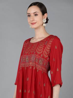 women red viscose rayon ethnic motifs printed a-line kurta 2
