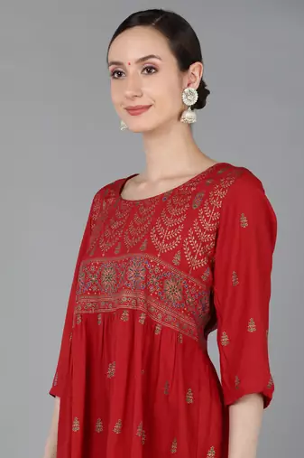 women red viscose rayon ethnic motifs printed a-line kurta