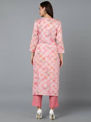 women pink viscose rayon floral embroidered straight kurta 4