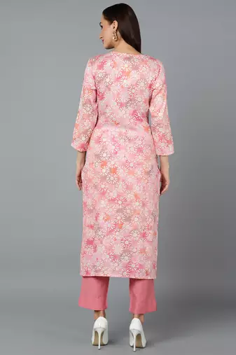 women pink viscose rayon floral embroidered straight kurta