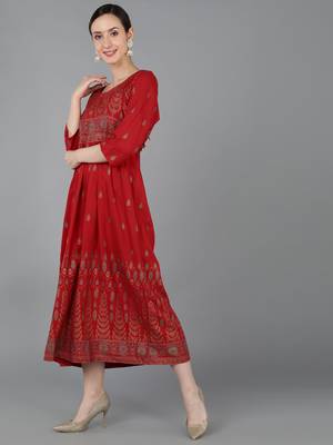 women red viscose rayon ethnic motifs printed a-line kurta 3