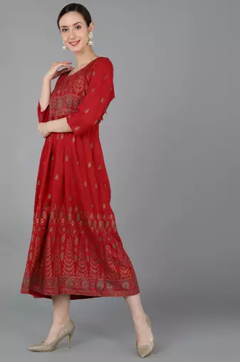 women red viscose rayon ethnic motifs printed a-line kurta