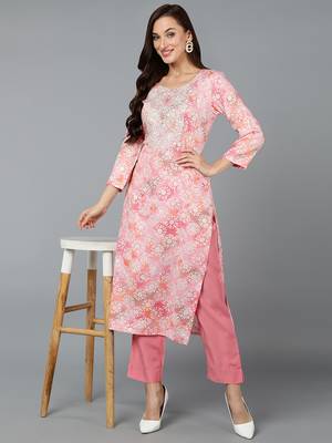 women pink viscose rayon floral embroidered straight kurta 5