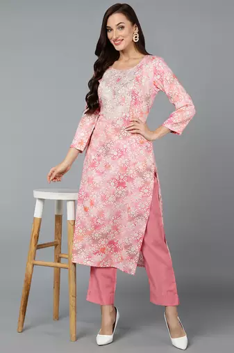 women pink viscose rayon floral embroidered straight kurta