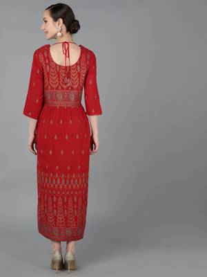 women red viscose rayon ethnic motifs printed a-line kurta 4