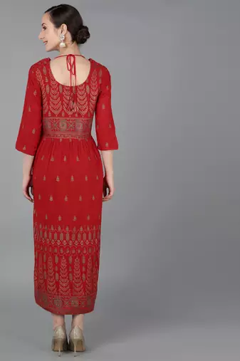 women red viscose rayon ethnic motifs printed a-line kurta