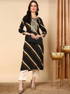 women black viscose rayon leheriya embroidered straight kurta 1