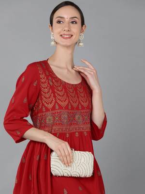 women red viscose rayon ethnic motifs printed a-line kurta 5