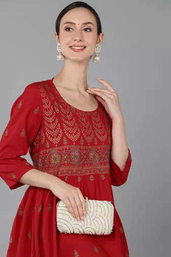 women red viscose rayon ethnic motifs printed a-line kurta