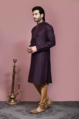 Wine woven cotton silk kurta pajama