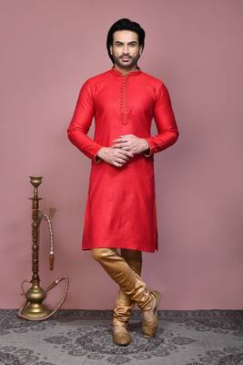 Red woven cotton silk kurta pajama 1