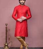 Red woven cotton silk kurta pajama