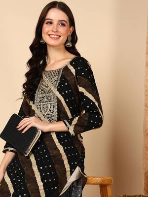 women black viscose rayon leheriya embroidered straight kurta 2