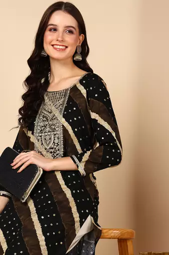 women black viscose rayon leheriya embroidered straight kurta