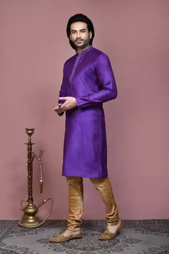 Purple woven cotton silk kurta pajama